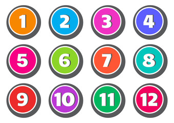 Colorful set of buttons with numbers from 1 to 12. Vector illustration