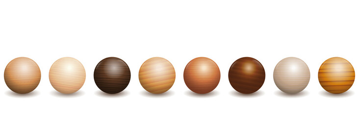 Wooden balls. Different species of wood types - variety of eight polished, varnished textured samples - brown, dark, gray, light, red or yellow decor models with reflections of light and shadow.