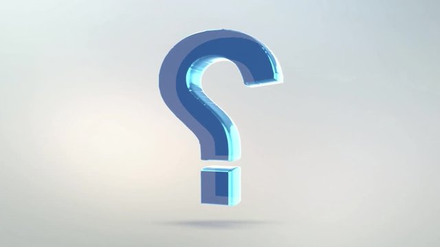 Question icon is made of glass. Transparent rotating question icon with alpha channel blue green color. Seamless looping symbol 3D figure