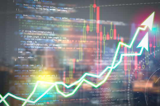 Software development. Programming code abstract technology background and Stock market digital graph chart on LED display concept. Indicator financial forex education development coding code program.