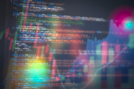 Software development. Programming code abstract technology background and Stock market digital graph chart on LED display concept. Indicator financial forex education development coding code program. - Powered by Adobe