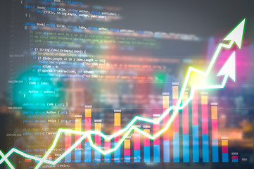 Software development. Programming code abstract technology background and Stock market digital graph chart on LED display concept. Indicator financial forex education development coding code program.