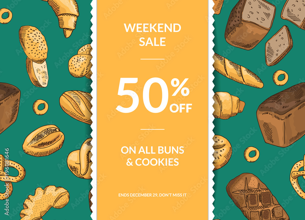 Poster vector horizontal sale template with decorative ribbon and hand drawn colored bakery elements with p