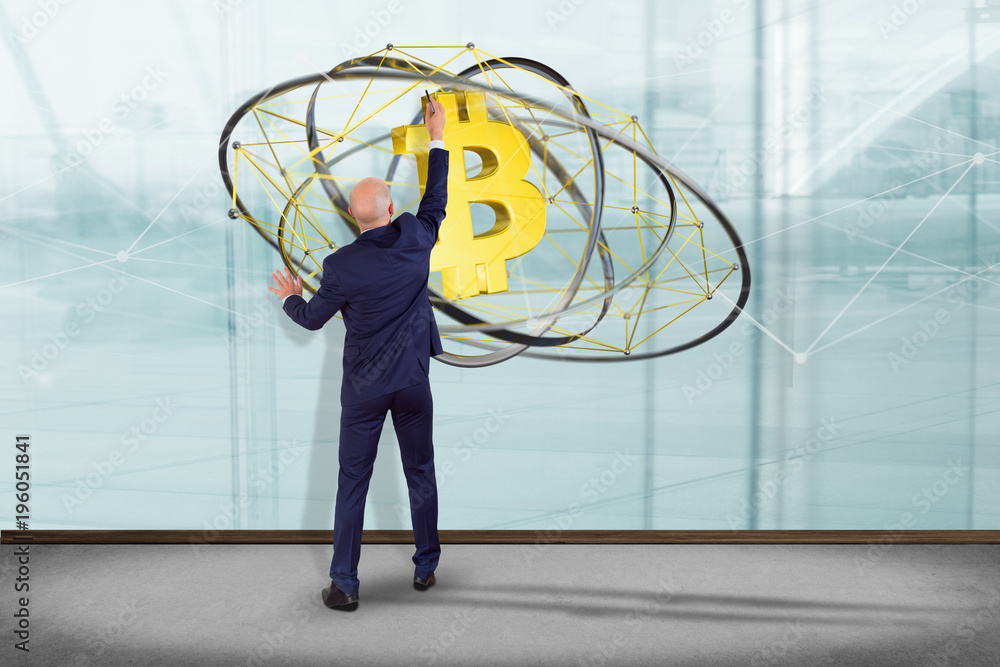 Poster businessman in front of a wall with a bitcoin crypto currency sign flying around a network connectio