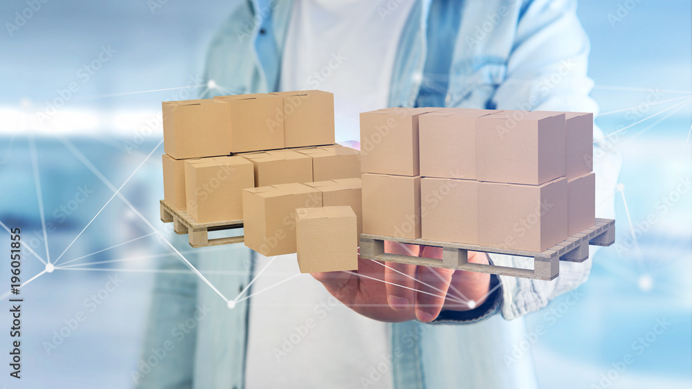 Poster pallet of carboxes with network connection system - 3d render
