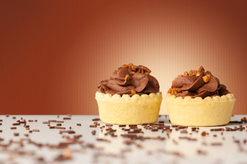 Delicious cake on colorful background with copyspace