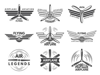 Labels an logos for military aviation. Aviator symbols in monochrome style - obrazy, fototapety, plakaty