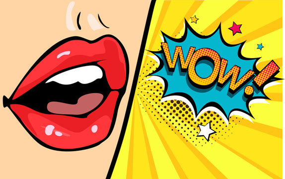 Female mouth with speech bubble wow. Cartoon comic vector illustration in pop art retro style.