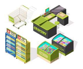 Isometric constructions for supermarket or warehouse. Shopping cart, terminal and food counters