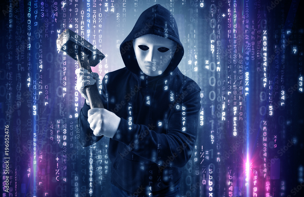Poster armed hacker in cyber security cloud concept