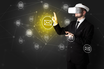 Man in vr goggles and online communication concept