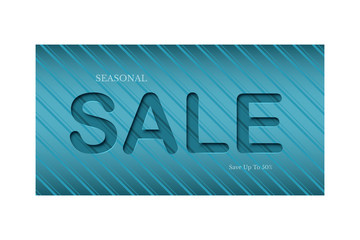 Seasonal Sale flyer template. Paper cut Sale word on striped aquamarine background.