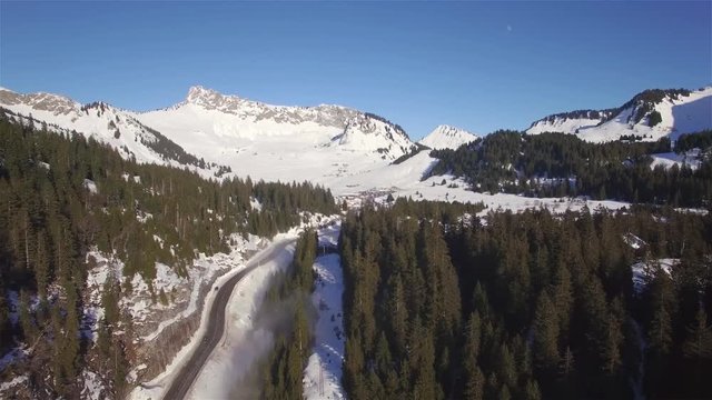 4K aerial view of praz de lys ski station in the French Alps in France 