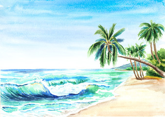 Obraz na płótnie Canvas Seascape. Summer tropical beach with golden sand, waves and palmes. Hand drawn horizontal watercolor illustration