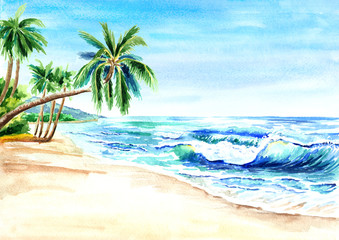Seascape. Summer tropical beach with golden sand, waves and palmes. Hand drawn horizontal watercolor illustration