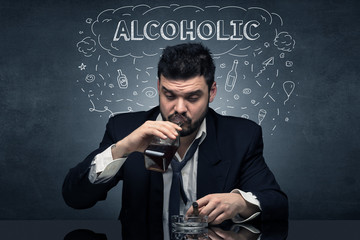 Drunk man with drinking, drug, hangover, alcoholic, drugs concept