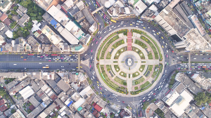 Top view city , Aerial view road , Expressway with car lots in the city in Thailand. Beautiful Street at downtown.