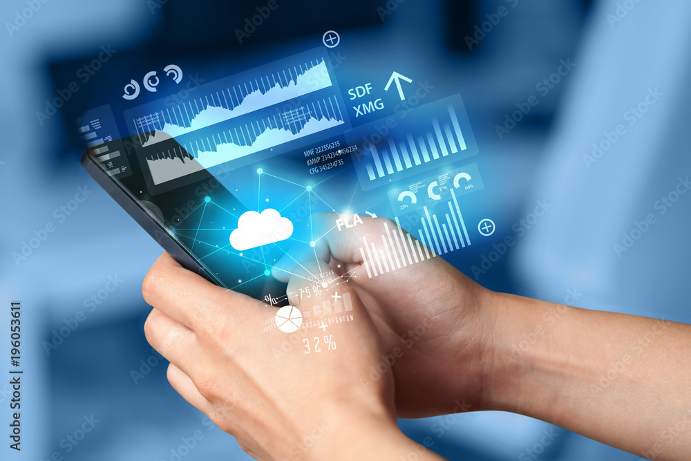 Poster hand using phone with uploading reports and graphs concept
