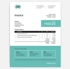 Invoice form design template - teal green and white color scheme