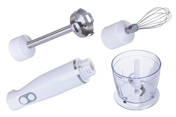 Accessory set with white hand blender on the white background