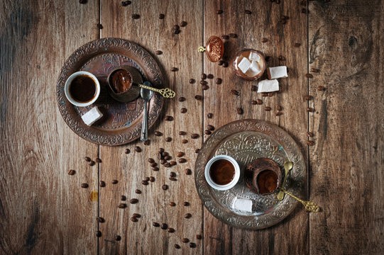 Oriental/Bosnian/Turkish coffee served in copper-plated pot with Turkish delight.