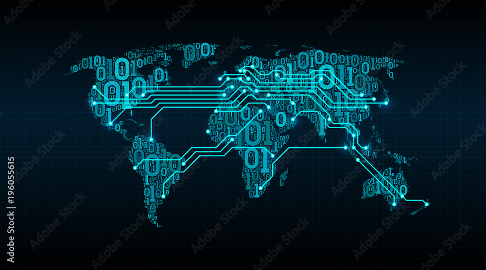 Poster Abstract world map from a digital binary code on a grid background, connection between cities in the form of a printed circuit board, well organized layers