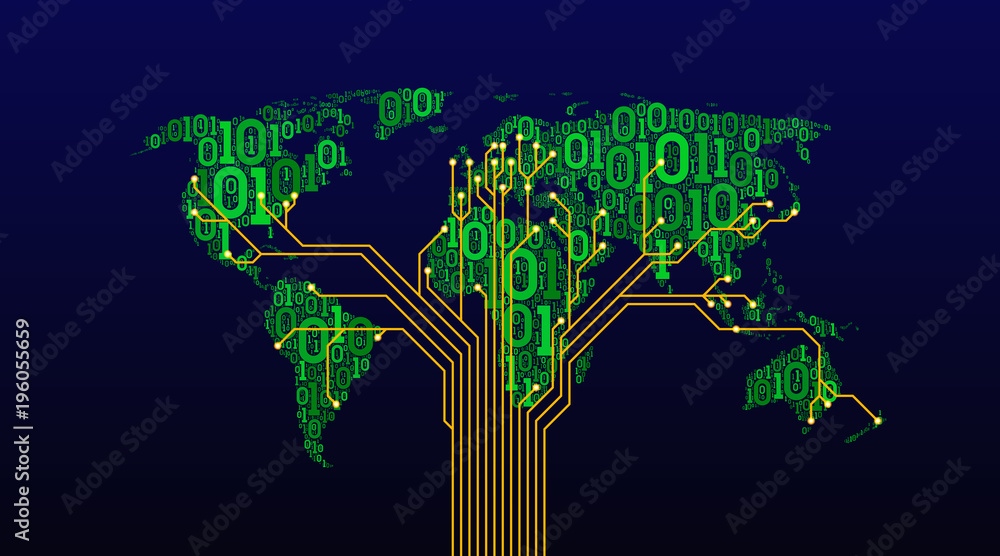 Poster Abstract world map from a digital binary code on a dark background, a connection between cities in the form of a printed circuit board of a tree structure, well-organized layers