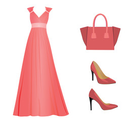 Woman pink outfit, dress, handbag and shoes, vector