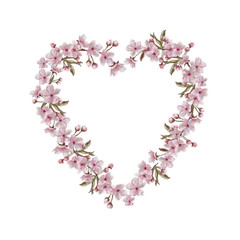 Floral Heart Wreath. Apple/Cherry/Almond Blossoms Isolated on White. Watercolor Painted Heart Wreath . For Valentine, Mother's Day, Wedding, And Engagement.