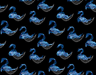 Blue swan with white wings on black background