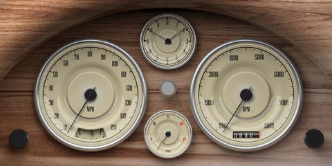 Vintage car wooden dashboard with retro gauges. 3d illustration