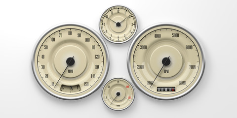 Vintage car gauges isolated on white background. 3d illustration