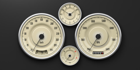 Vintage car gauges isolated on black background. 3d illustration