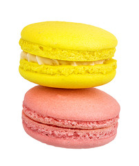 Macaron (lemon orange blueberry blackberry mint raspberry peach chocolate) isolated on white background with clipping path