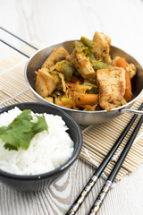 Roast fried meat in a stainless steel pan with rice and vegetables