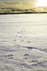 Footsteps leading towards the mountains and fog