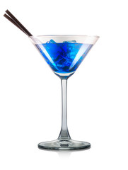 Blue curacao cocktail or mocktail in martini glass with black tubesand ice cubes isolated on white background. Clipping path