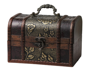 wooden chest with patterns and ornaments on white background