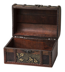 wooden chest with patterns and ornaments on white background