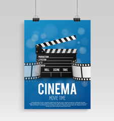 Realistic blue cinema poster in a frame with a picture hanging on a textured gray brick wall, a template for a layout, a layout and a work of art a concept poster design template. 
