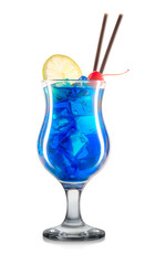 Blue curacao cocktail or mocktail in classic glass with lemon, cherry, tube and ice cubes isolated on white background. Clipping path