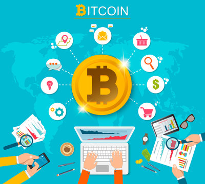 Digital bitcoin cryptocurrency. Virtual money. Cryptocurrency concept. Golden coin with bitcoin sign. Growing chart with golden bitcoin. Vector background. EPS10