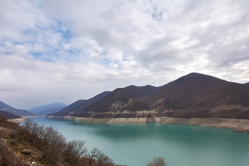 Fototapeta na wymiar Landscape of Zhinvali reservoir lake landscape with mountains . 