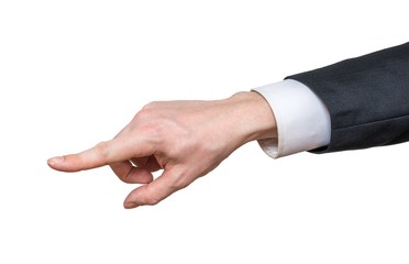Hand of businessman is pointing left. Isolated on white background.