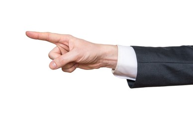 Hand of businessman is pointing left. Isolated on white background.