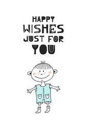 Cute hand drawn nursery birthday poster with little boy and cut out lettering in scandinavian style.