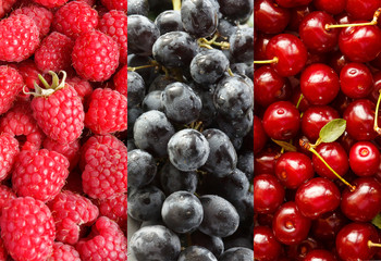 Collage with different fruits, berries of red and blue color
