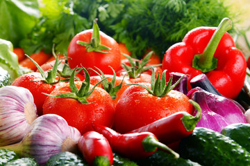 Composition with variety of fresh organic vegetables and fruits