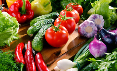 Composition with variety of fresh organic vegetables and fruits