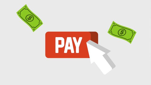animation pay button app arow with falling dollar banknote money